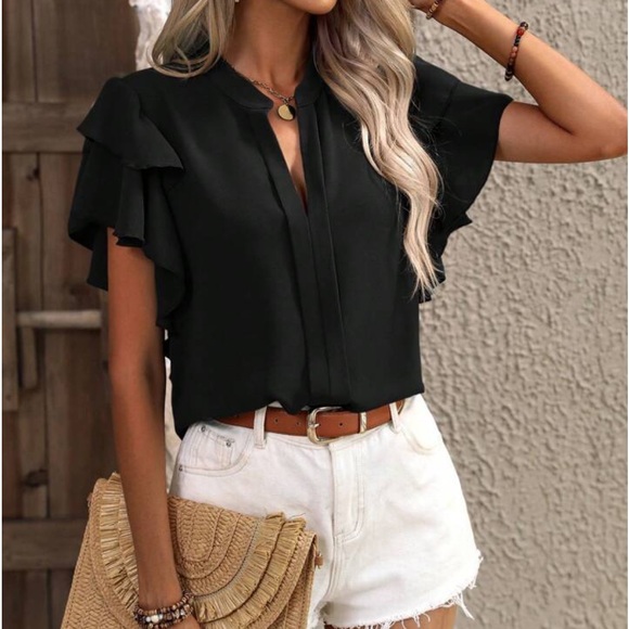 Elegant Classic Ruffle Butterfly Flutter Sleeve Top Blouse Shirt Yellow - Picture 15 of 16